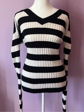 Mossimo Supply Co. Black & White Ribbed V-Neck Striped Sweater Womens XL